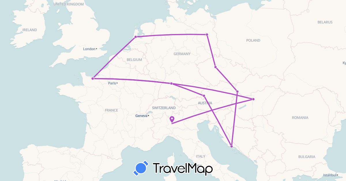 TravelMap itinerary: train in Austria, Czech Republic, Germany, Croatia, Hungary, Italy (Europe)